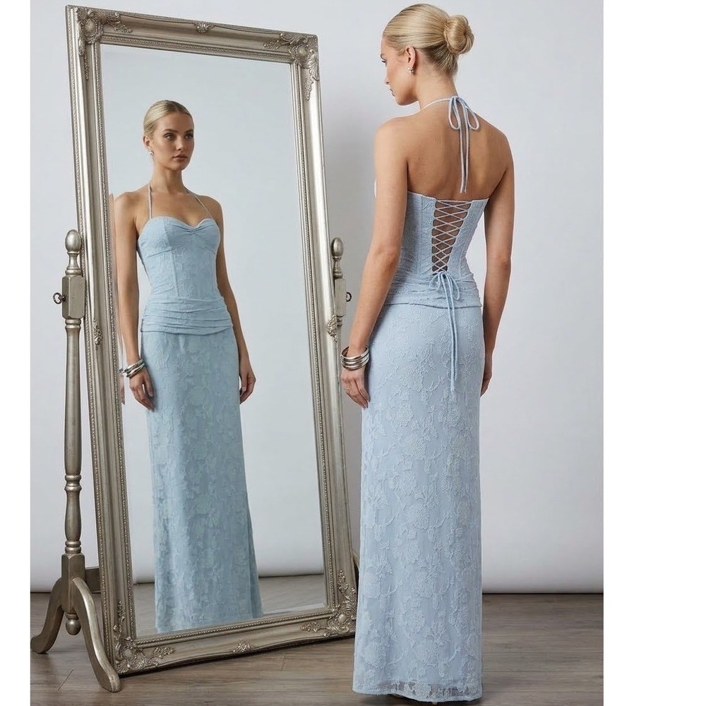 Princess Polly Love From Portofino Blue Floral Jacquard Corset Maxi Dress Lace 2